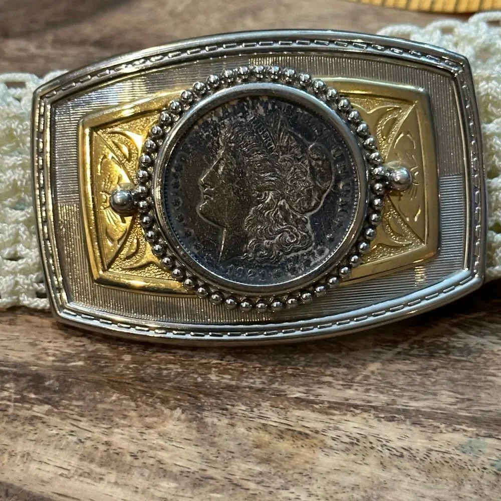 Men's Silver Gold Morgan Silver Dollar Buckle Belt vintage cowboy rare